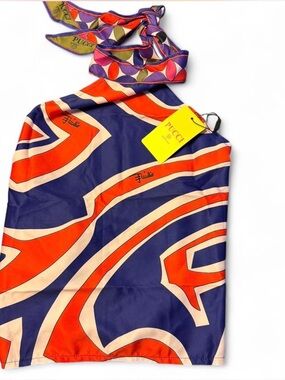 Emilio Pucci Navy Blue Orange Cream Graphic Silk Halter Top